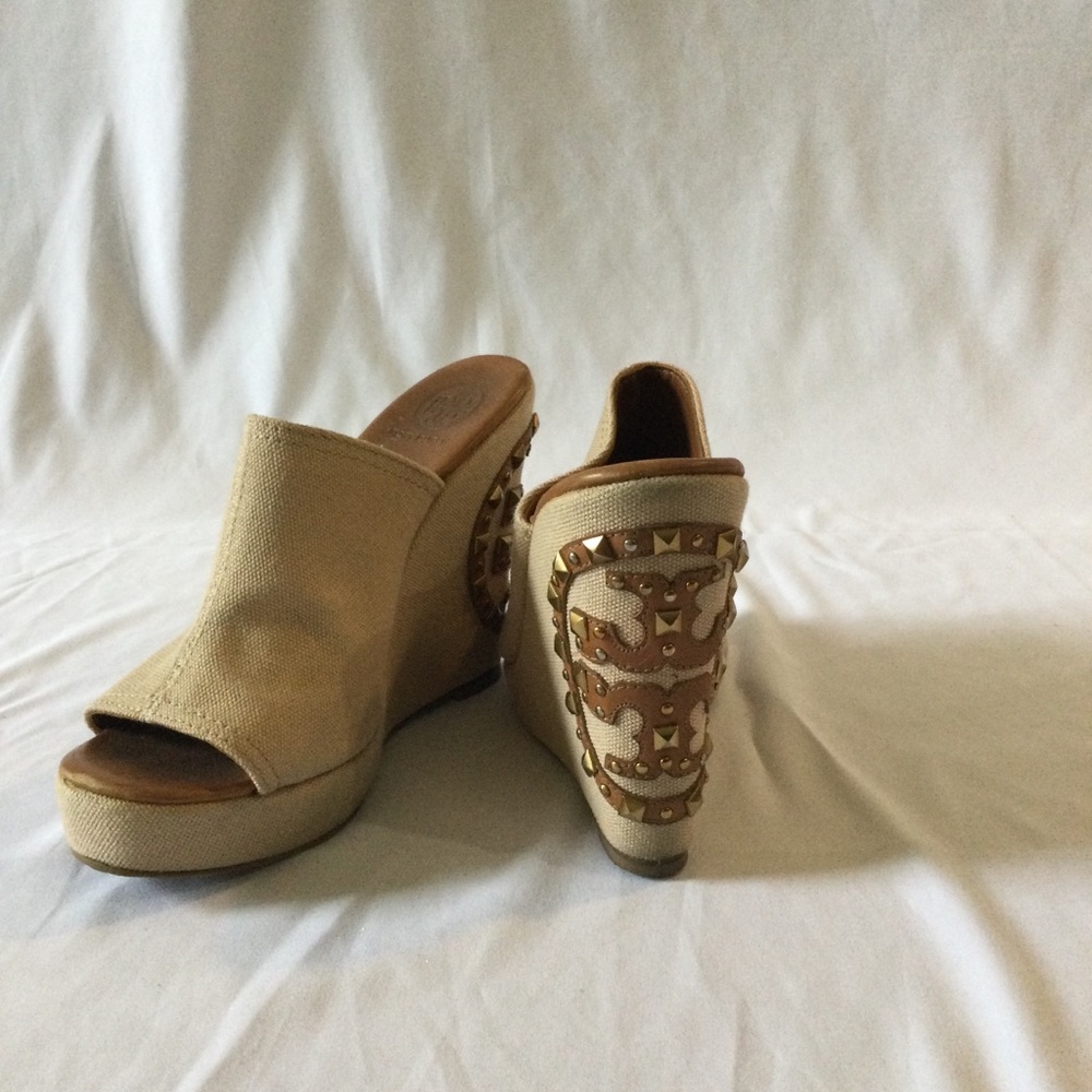 Tory Burch Beige Canvas Wedge Mule with Studded Heel